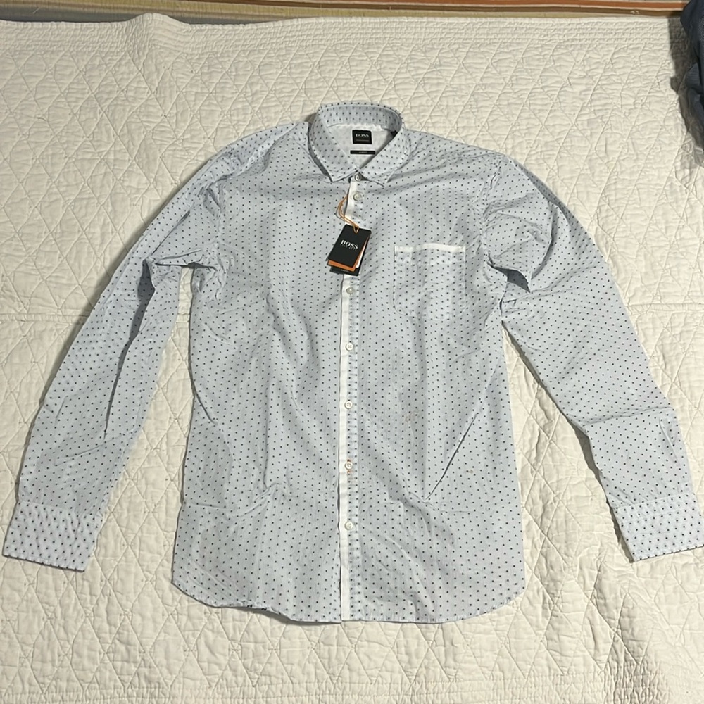 Hugo Boss Casual Button White Dot Shirt Regular Fit for Men Size Medium Slim Fit